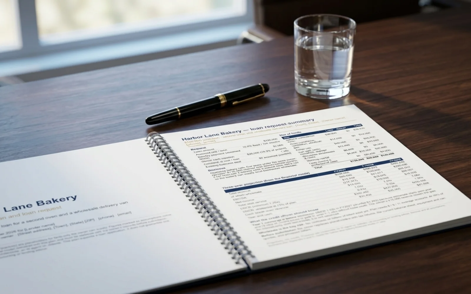 Underwrite's showcase pages shown in a photographic mockup: a bound business plan lying on a boardroom table with a fountain pen and a glass of water