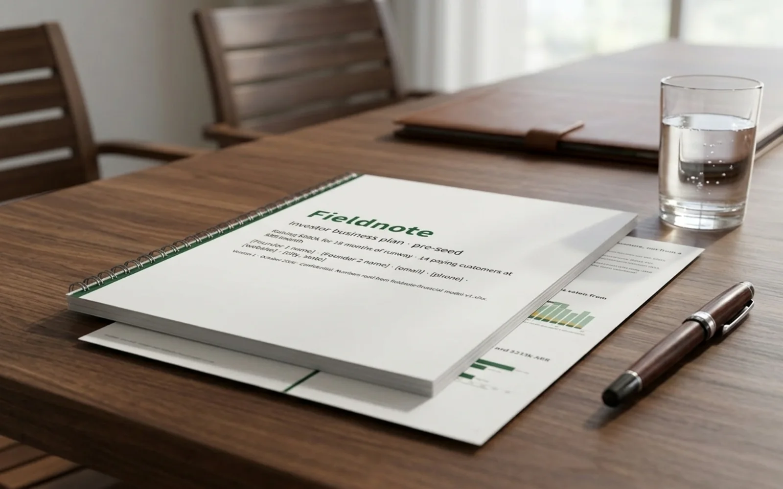 Thesis's showcase pages shown in a photographic mockup: a bound business plan lying on a boardroom table with a fountain pen and a glass of water