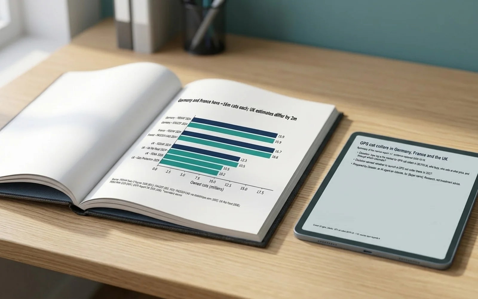 Dossier's showcase pages shown in a photographic mockup: a bound report open on a desk to a chart page, a tablet beside it showing the summary slide