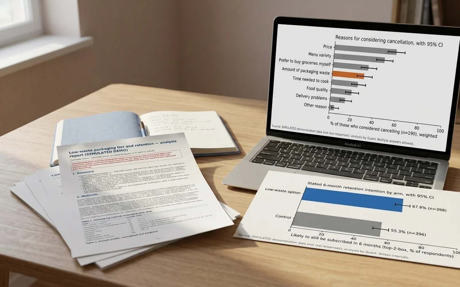 Quant's showcase pages shown in a photographic mockup: a printed report and a laptop showing a chart, on a desk with a notebook