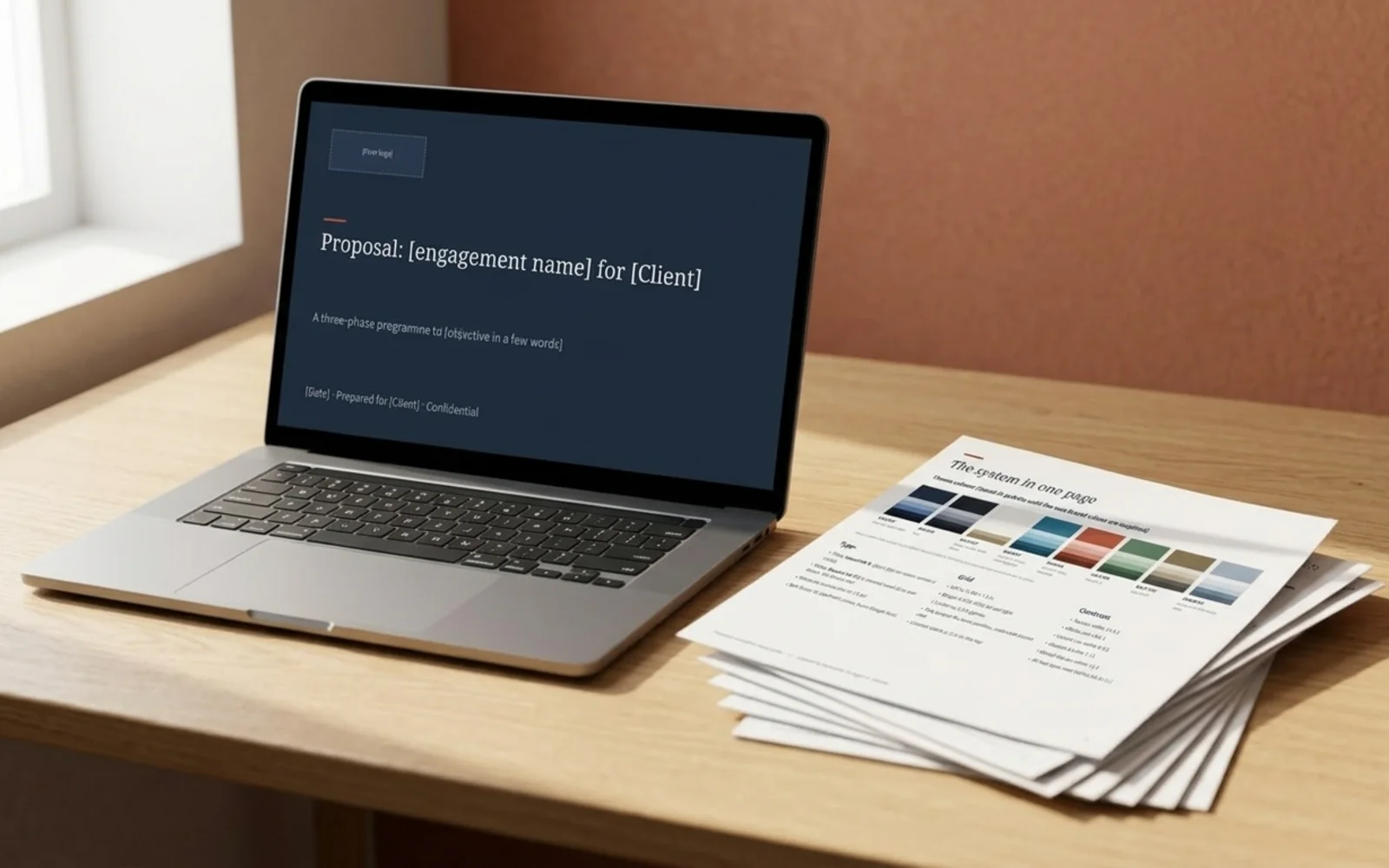 Deckhand's showcase pages shown in a photographic mockup: a laptop on a desk showing the slide, a printed handout of slides beside it