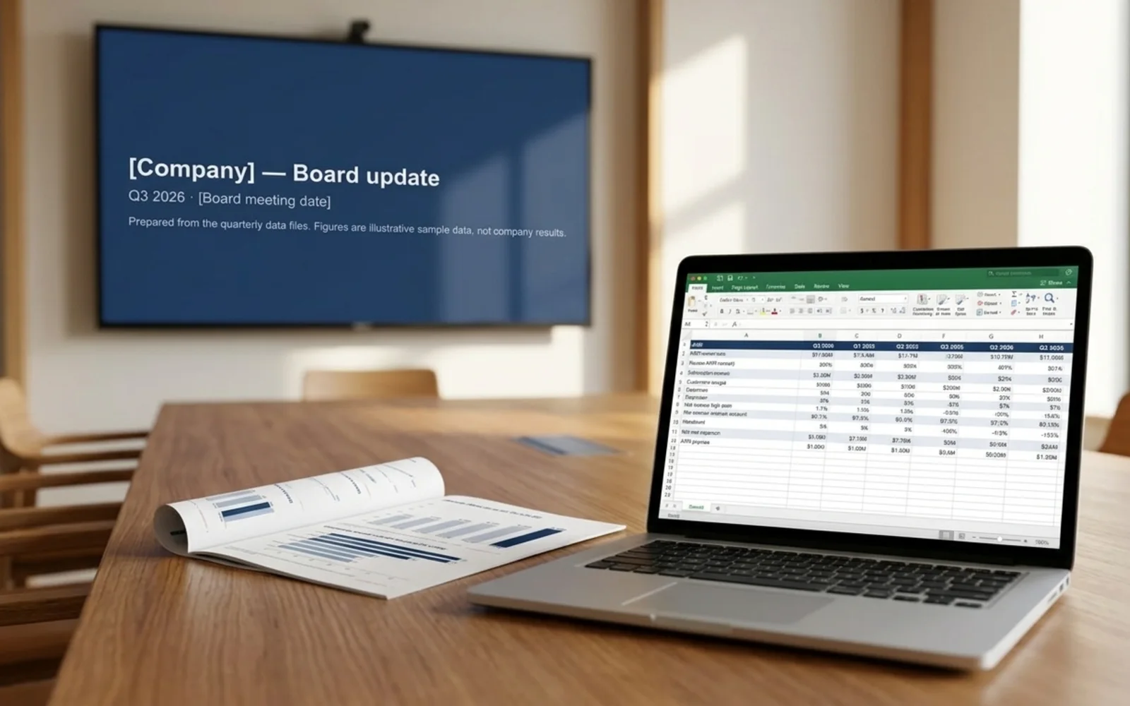 Quarterly's showcase pages shown in a photographic mockup: a boardroom screen showing the slide with a spreadsheet open on a laptop in the foreground