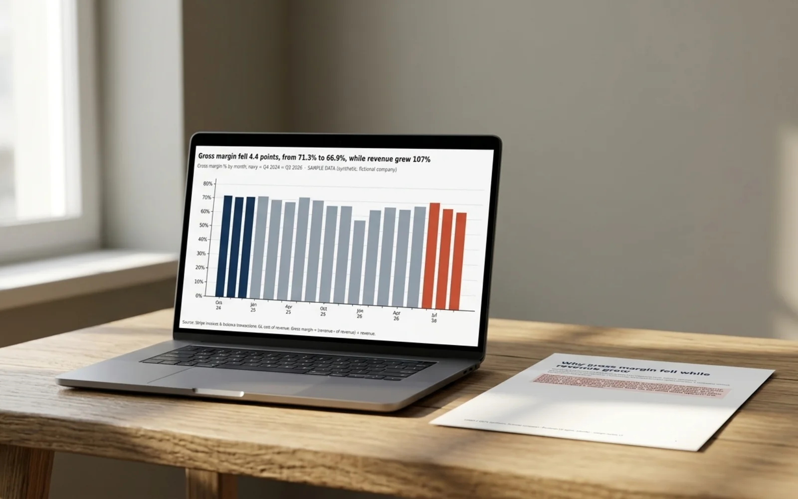 Rundown's showcase pages shown in a photographic mockup: a laptop on a desk showing the chart, a printed page with the table beside it, morning light