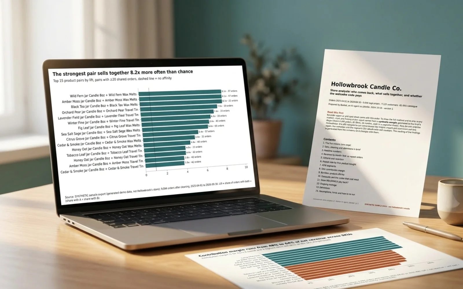 Basket's showcase pages shown in a photographic mockup: a laptop on a desk showing the chart, a printed page with the table beside it, morning light
