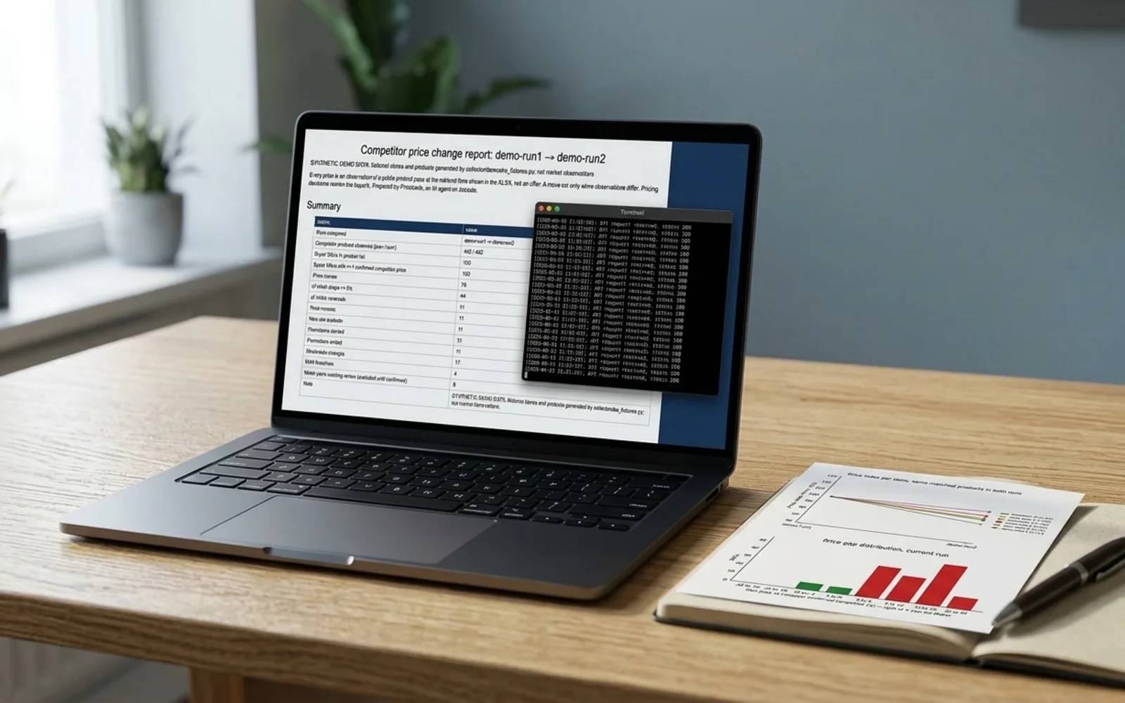 Pricebook's showcase pages shown in a photographic mockup: a laptop on a desk showing the data table, a terminal window beside it, a notebook and pen