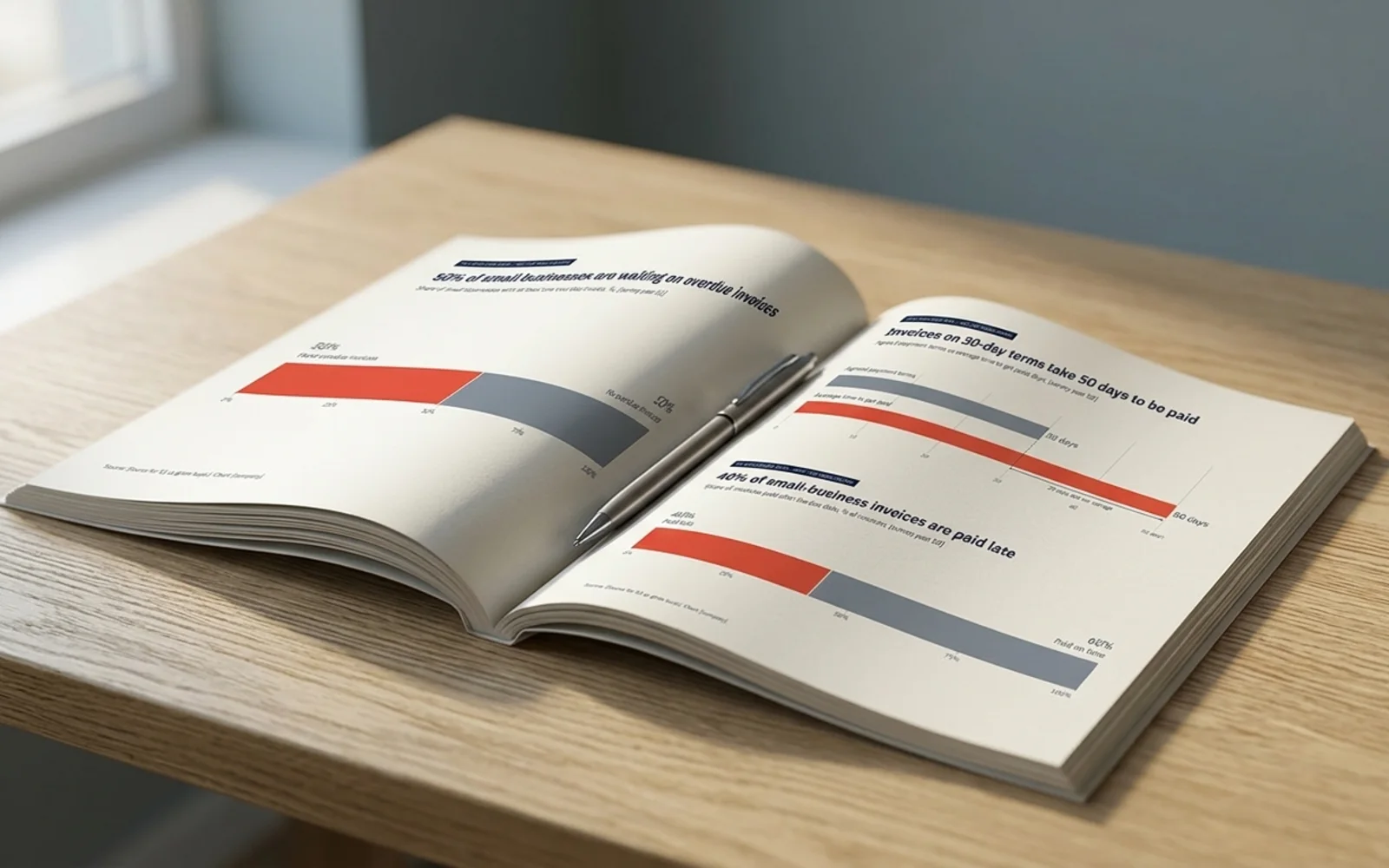Sparkline's showcase pages shown in a photographic mockup: a magazine open on a desk to a page carrying these charts, a pen resting on it