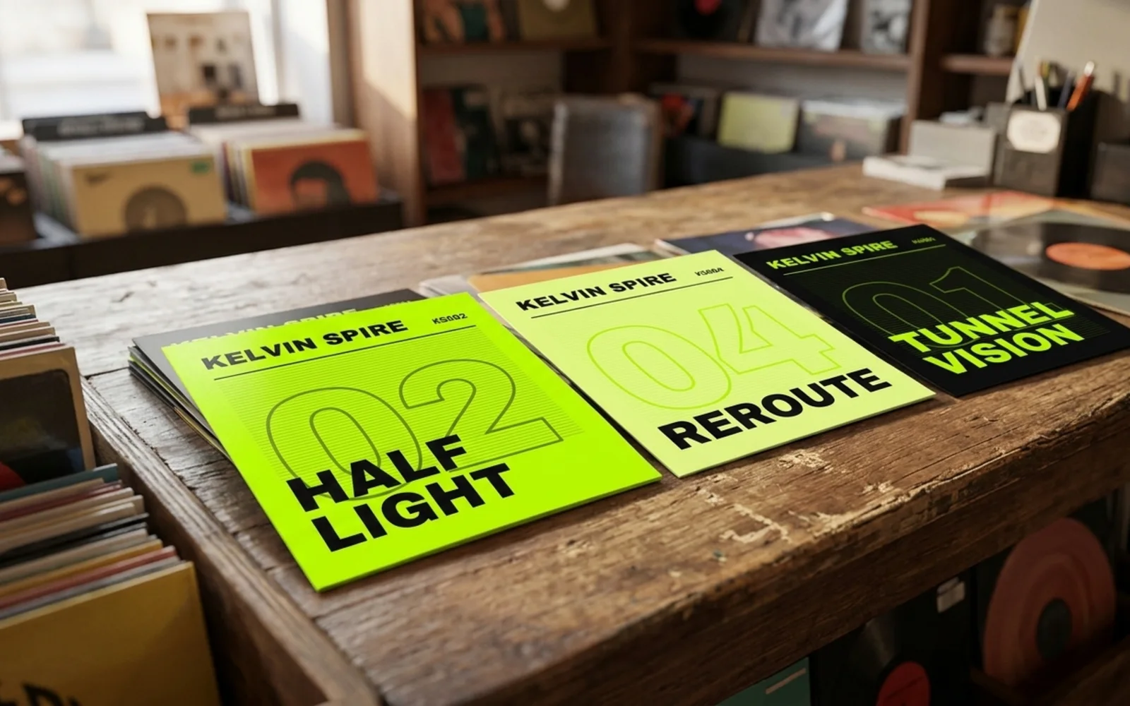 Dubplate's showcase pages shown in a photographic mockup: several 7-inch single sleeves laid in a row on a record-shop counter