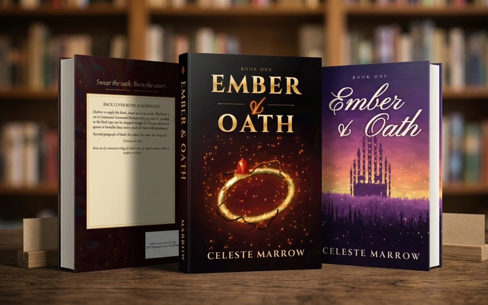 Frontis's showcase pages shown in a photographic mockup: three paperbacks of the series standing on a bookshop table under warm light