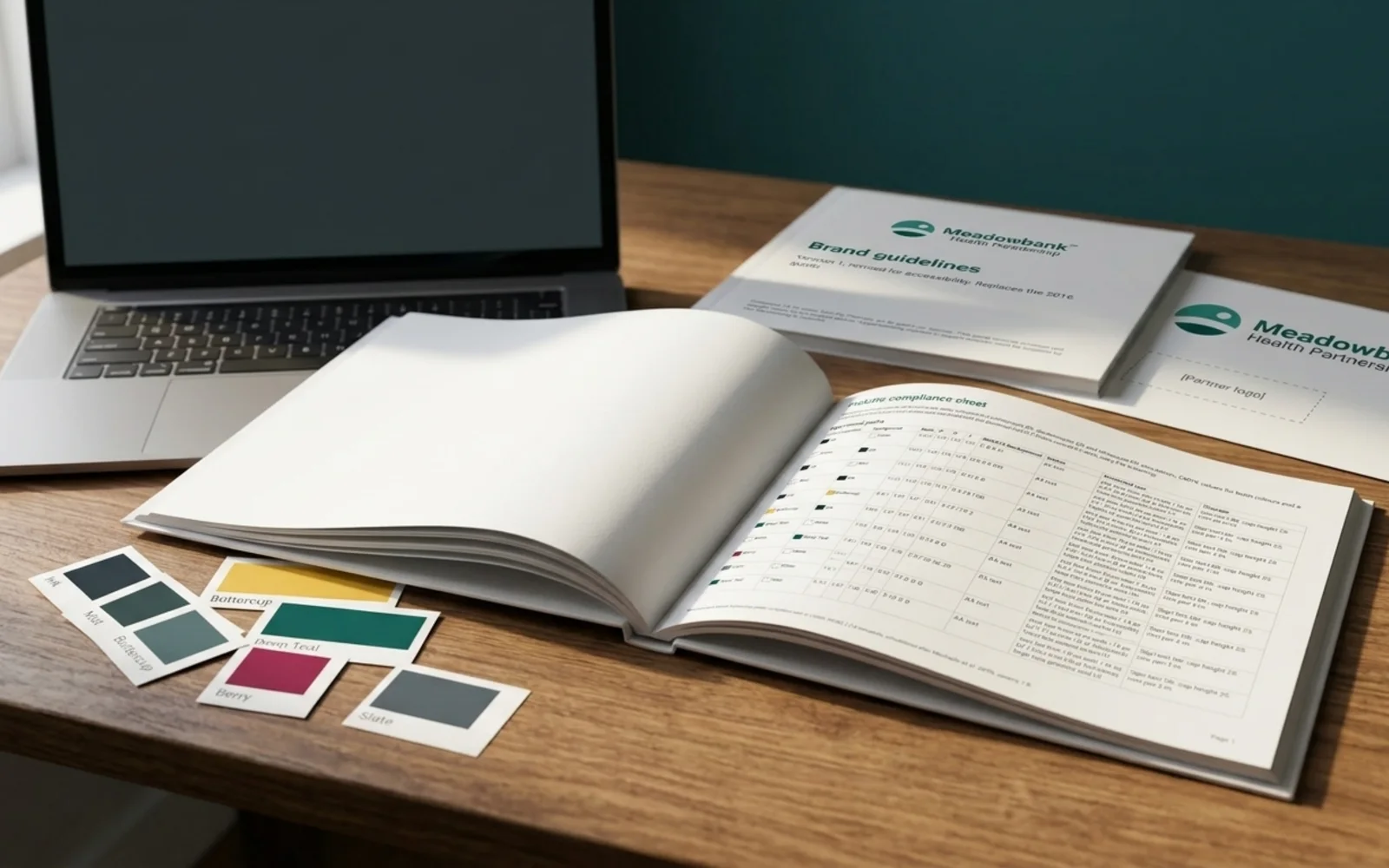 Tincture's showcase pages shown in a photographic mockup: the brand guide open on a desk to a colour page, printed swatches and a laptop beside it