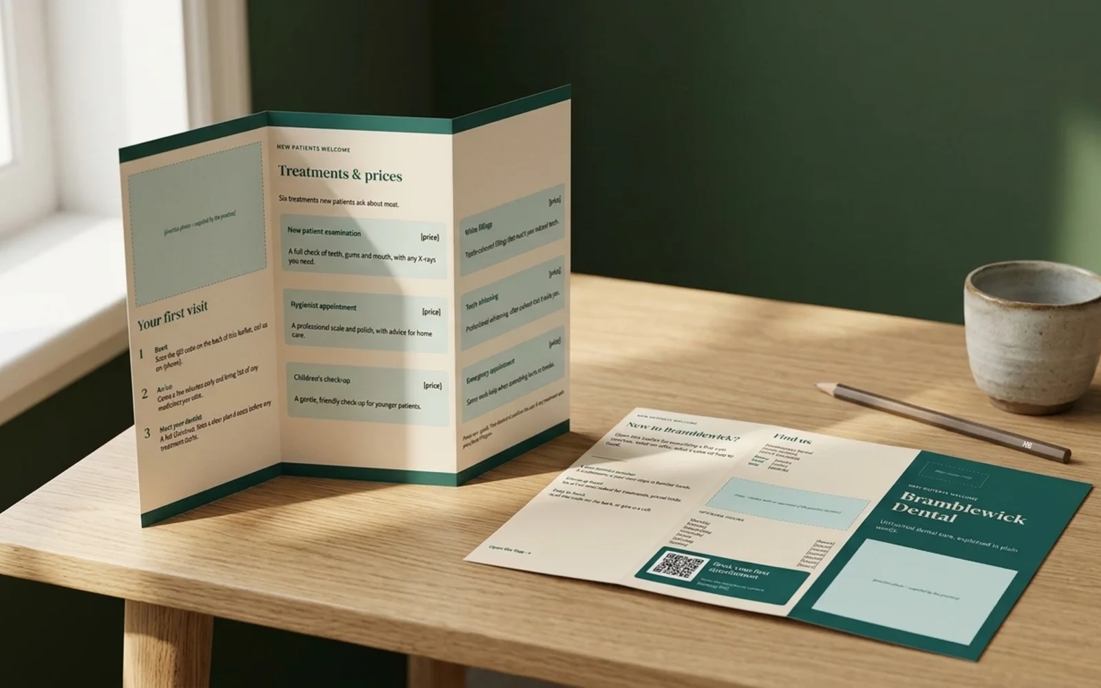 Concertina's showcase pages shown in a photographic mockup: a folded brochure standing half-open on a light oak desk, a second copy lying flat beside it, a pencil and a ceramic cup nearby