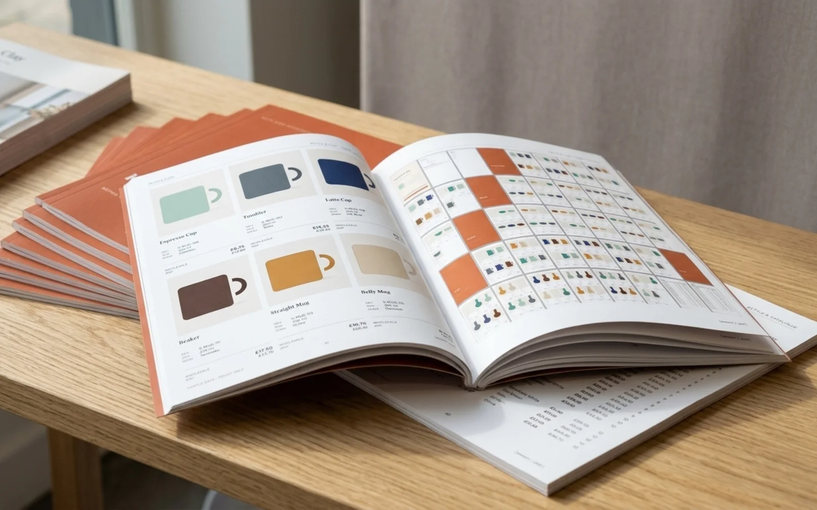 Linesheet's showcase pages shown in a photographic mockup: a stack of printed catalogues fanned out on a trade-fair table, one open to a product page