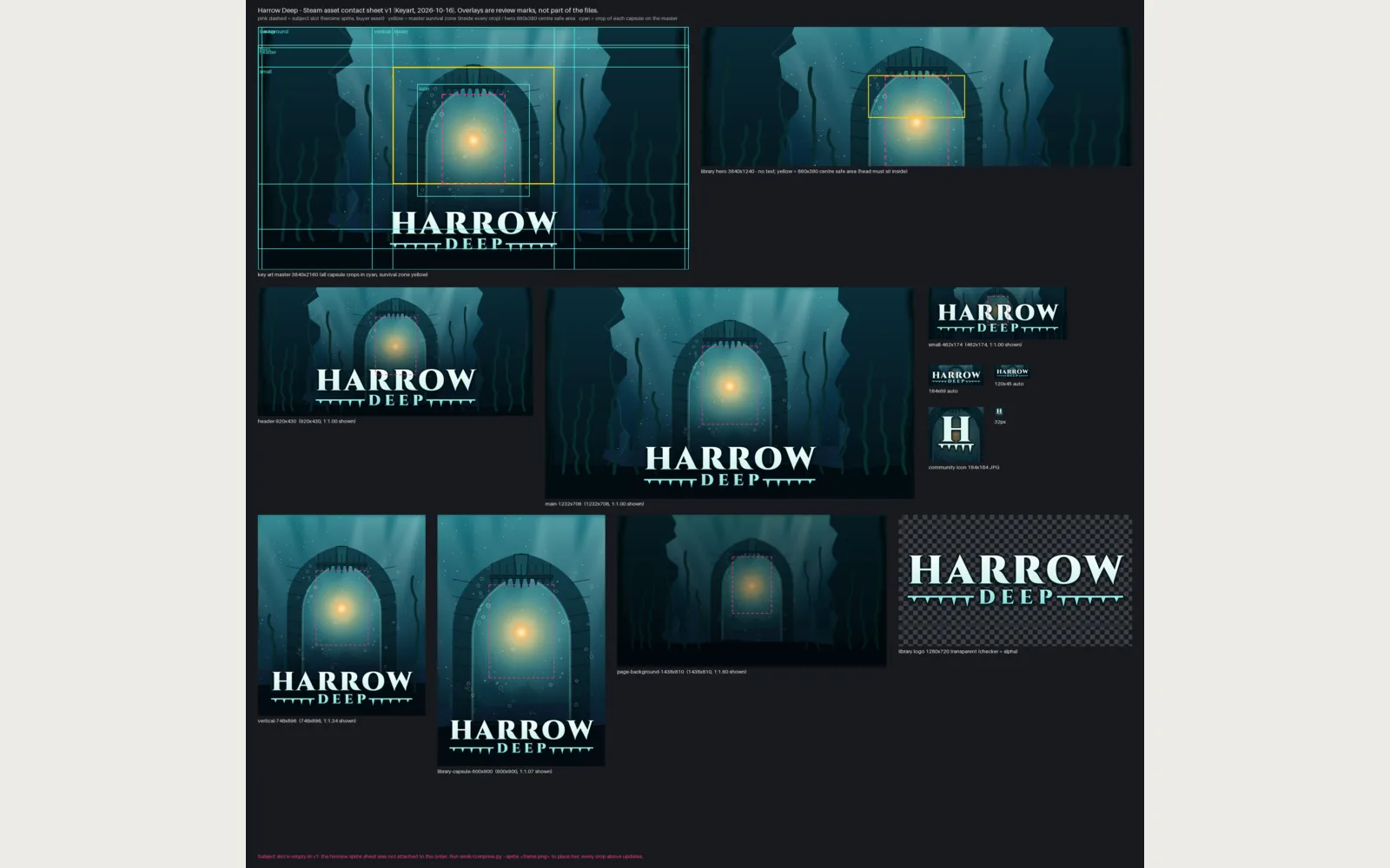 Keyart: Contact sheet: every asset, the crops drawn on the master, the survival zone, the subject