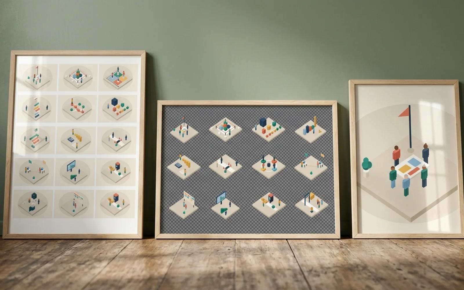 Stipple's showcase pages shown in a photographic mockup: three framed art prints leaning against a studio wall on a wooden floor