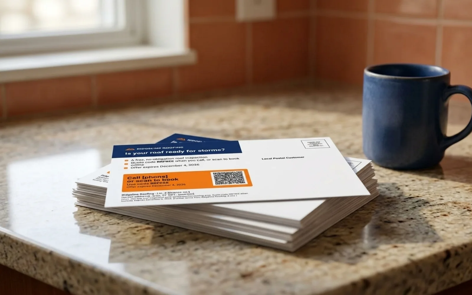 Indicia's showcase pages shown in a photographic mockup: direct-mail postcards stacked on a kitchen counter next to a mug, one card face up