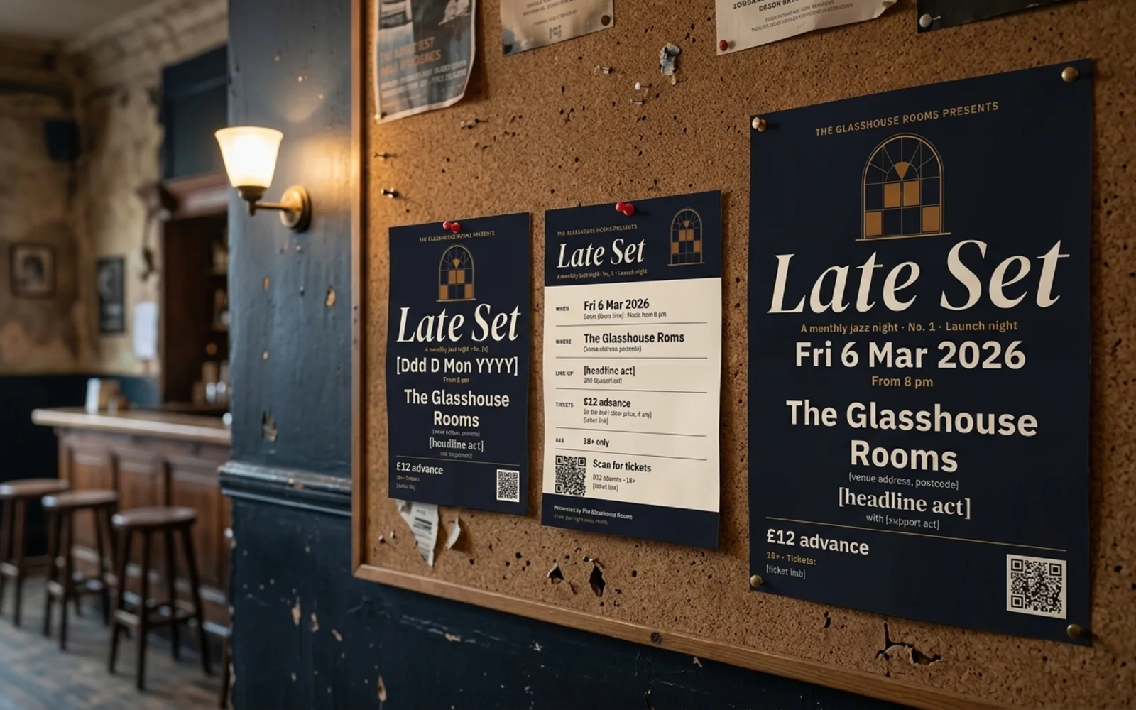 Showbill's showcase pages shown in a photographic mockup: flyers pinned to a cork board in a music venue foyer with the matching poster beside them