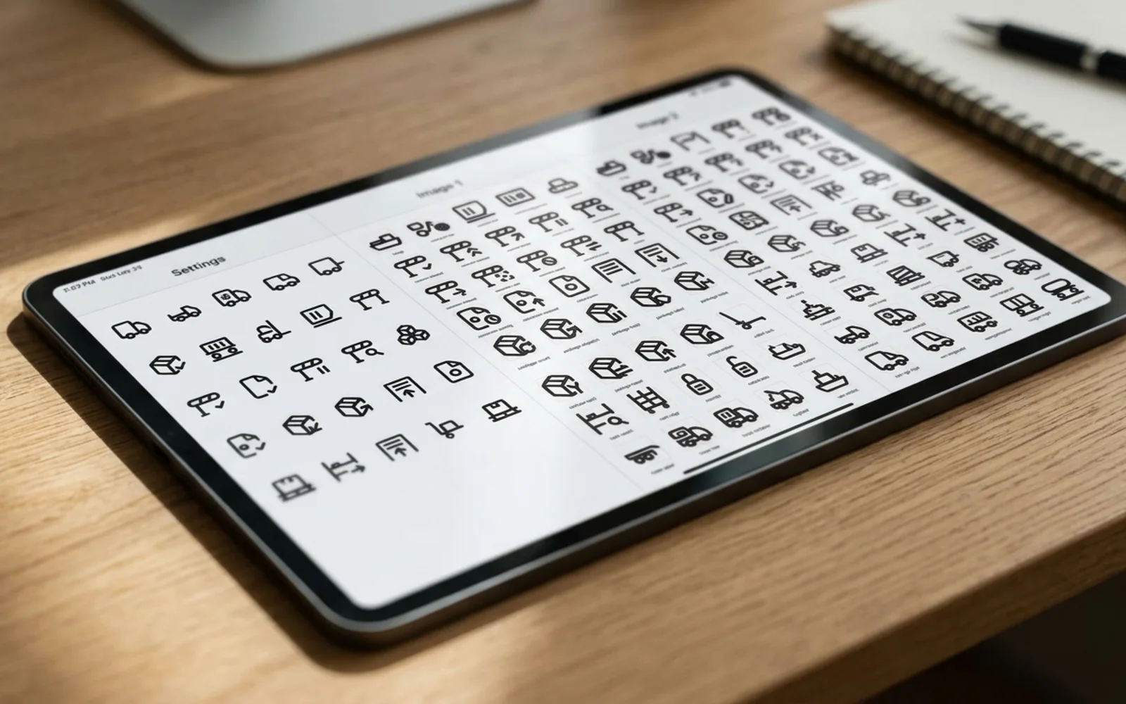 Pictogram's showcase pages shown in a photographic mockup: a tablet on a desk showing an app settings screen built with these icons, close-up with shallow focus