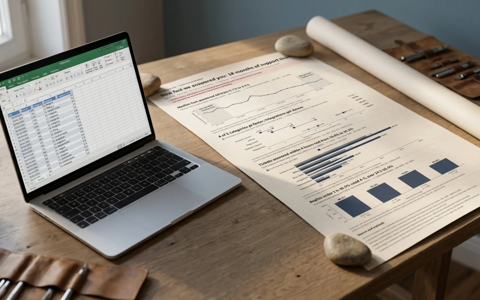Datum's showcase pages shown in a photographic mockup: the infographic printed as a large sheet on a drafting table beside a laptop showing the spreadsheet