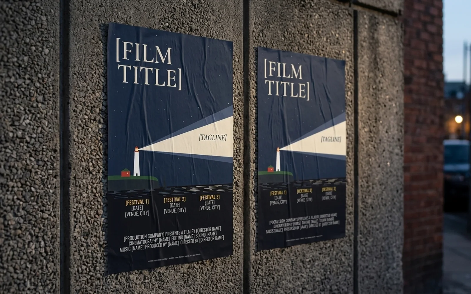 Broadside's showcase pages shown in a photographic mockup: the poster pasted on a textured concrete wall in a city street at dusk, a second copy beside it
