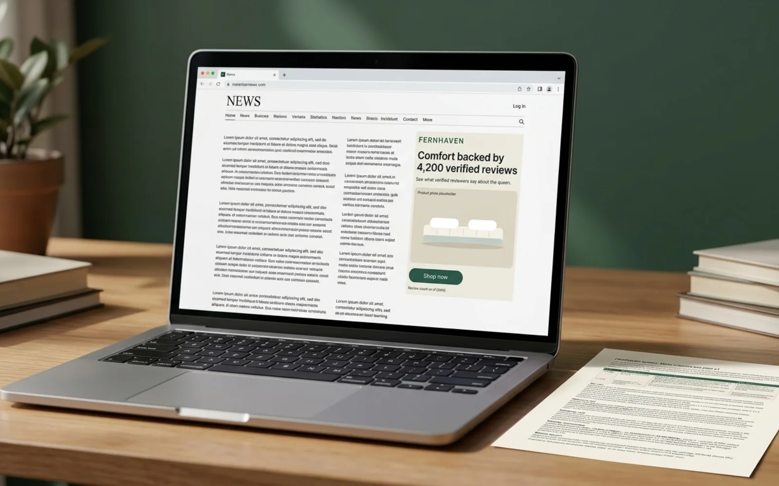 Strapline's showcase pages shown in a photographic mockup: a laptop on a desk showing a news website with the banner placed in its sidebar