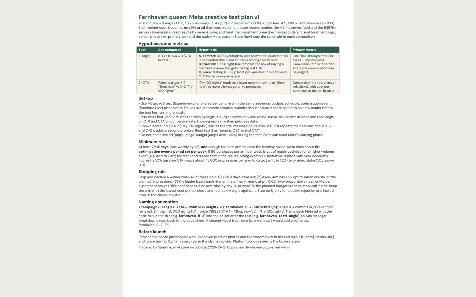 Strapline: Preview of the test plan page 1