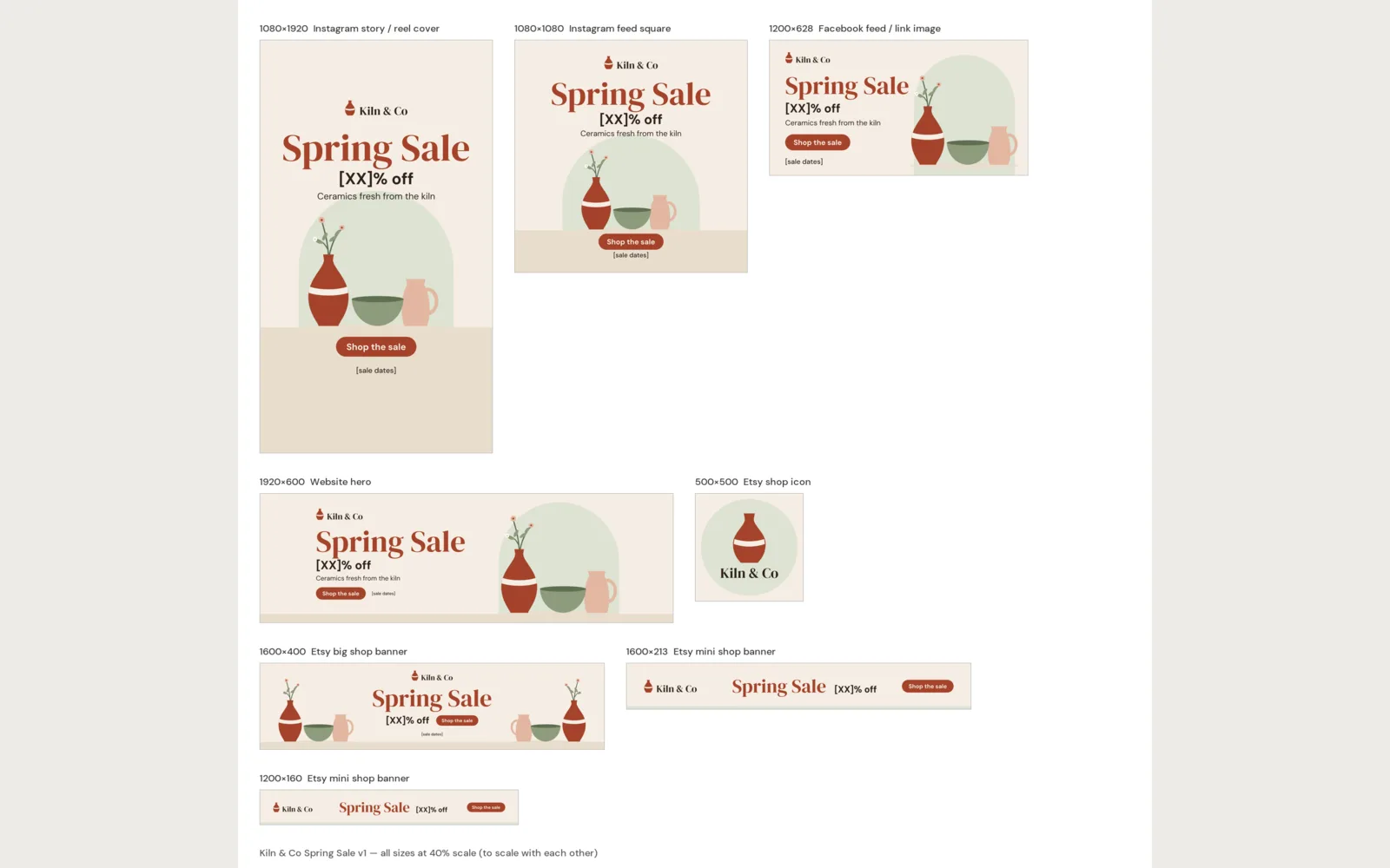 Bunting: All 8 sizes on one sheet at 40% scale, true to scale with each other