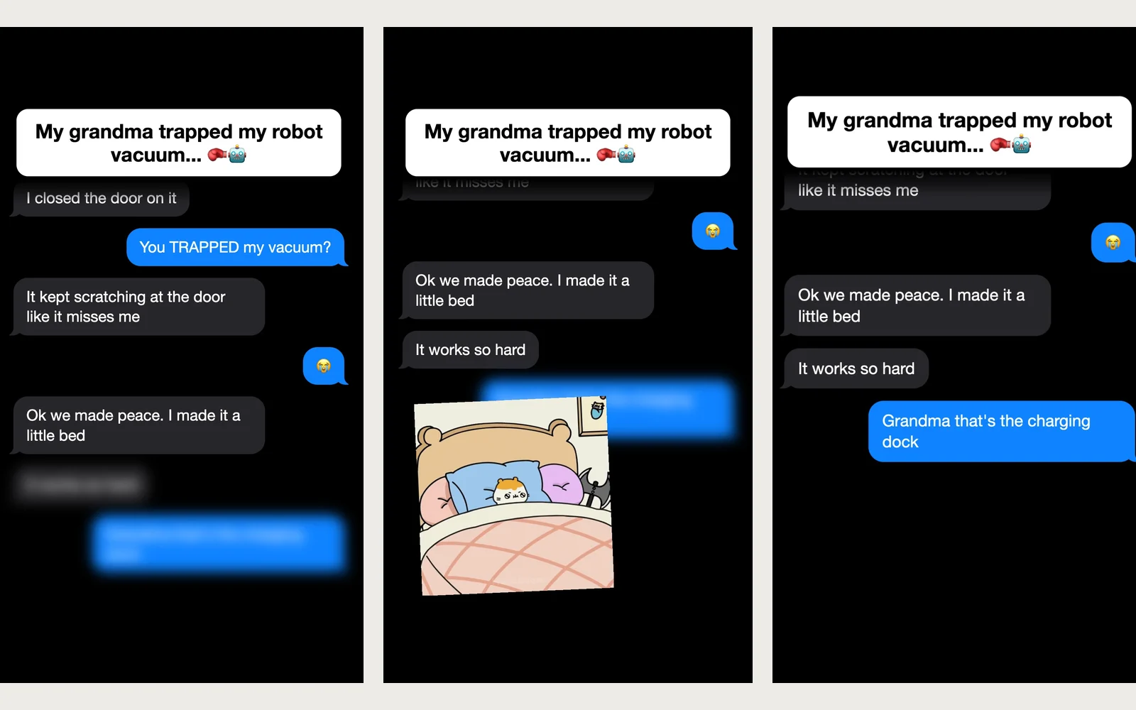 The last three reveals, ending on the punchline bubble